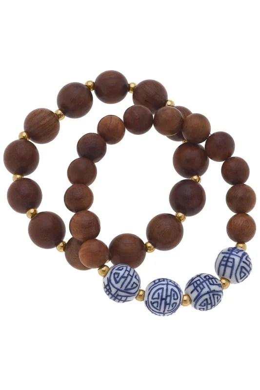 Iris Blue & White Chinoiserie & Wood Stretch Bracelet Stack in Brown - FINAL SALE sold by Canvas Style