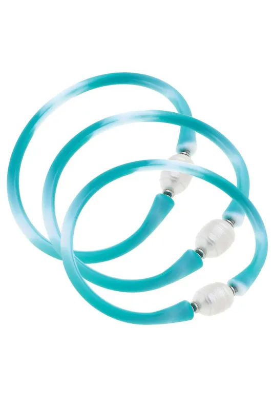 Bali Freshwater Pearl Silicone Bracelet Set of 3 in Tie Dye Mint - FINAL SALE sold by Canvas Style