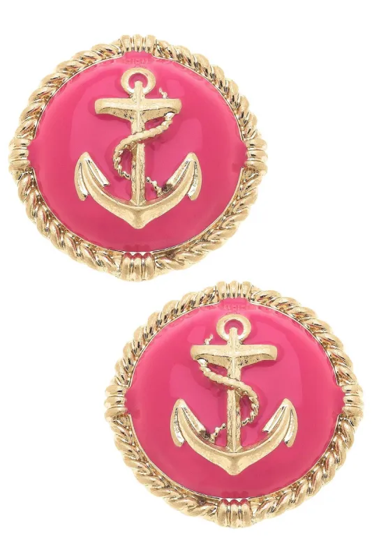 Kathleen Enamel Anchor Statement Stud Earrings in Pink sold by Canvas Style