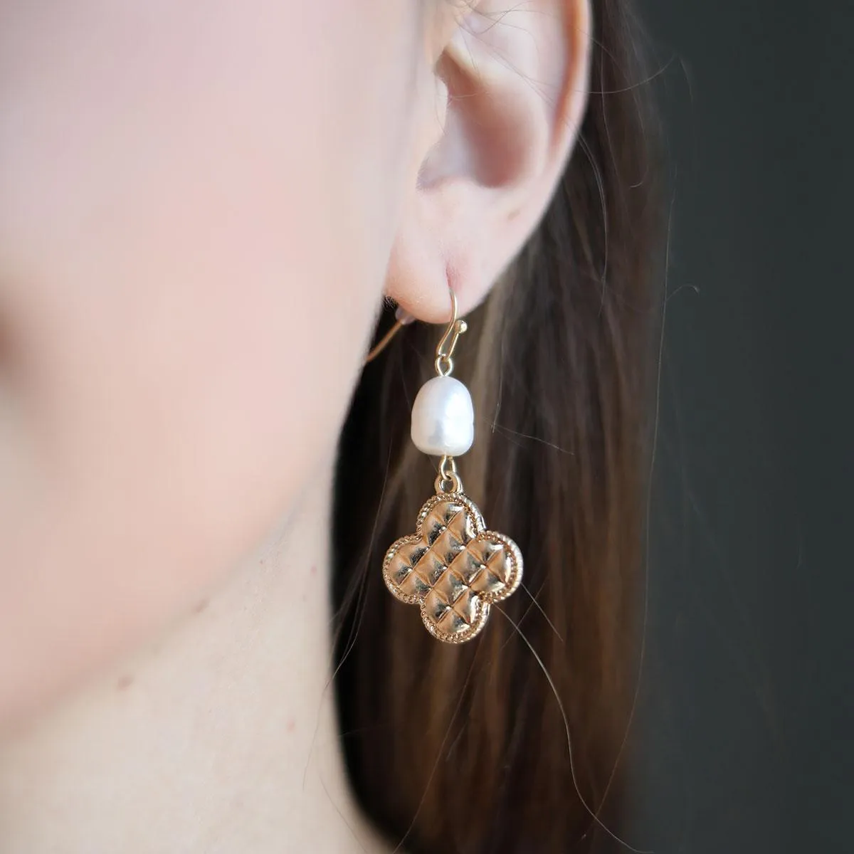 Andee Pearl & Quilted Metal Clover Drop Earrings in Worn Gold sold by Canvas Style product image thumbnail 2