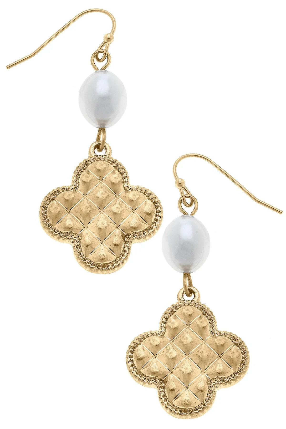 Andee Pearl & Quilted Metal Clover Drop Earrings in Worn Gold sold by Canvas Style