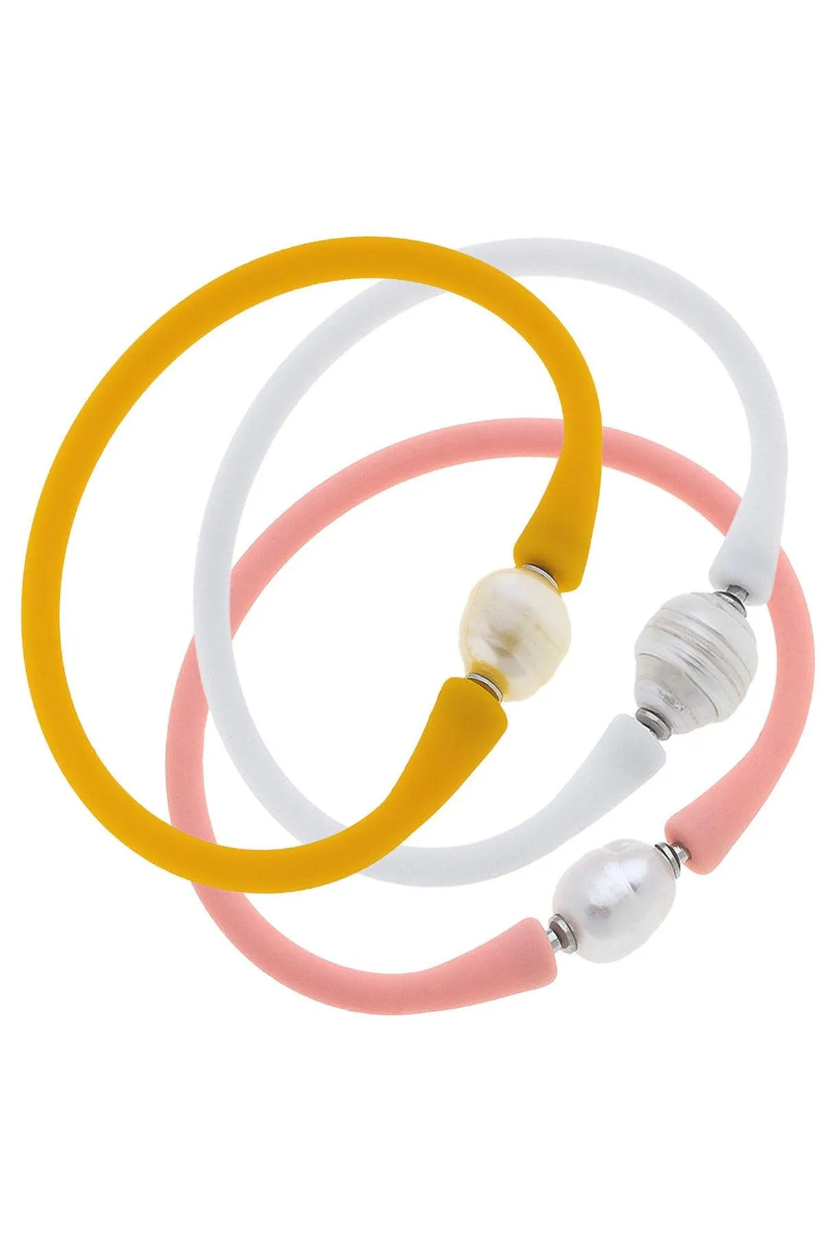 Bali Freshwater Pearl Silicone Bracelet Stack of 3 in Cantaloupe, White & Light Pink sold by Canvas Style