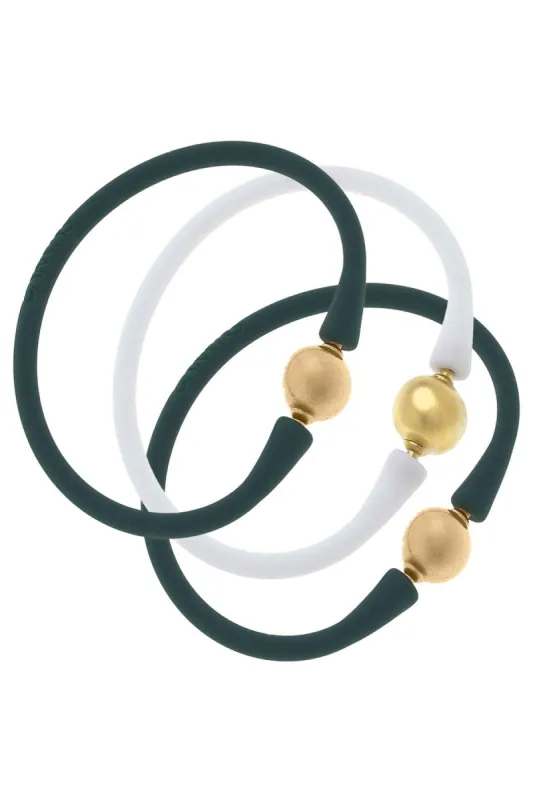 Bali 24K Gold Silicone Bracelet Holiday Stack of 3 in Hunter Green & White sold by Canvas Style