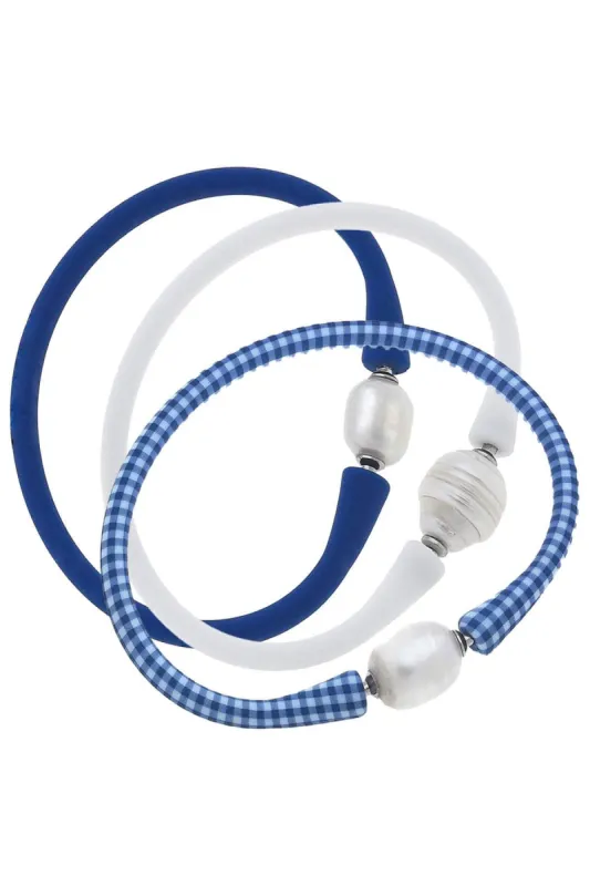 Bali Freshwater Pearl Silicone Bracelet Stack of 3 in Gingham Blue, White & Royal Blue sold by Canvas Style