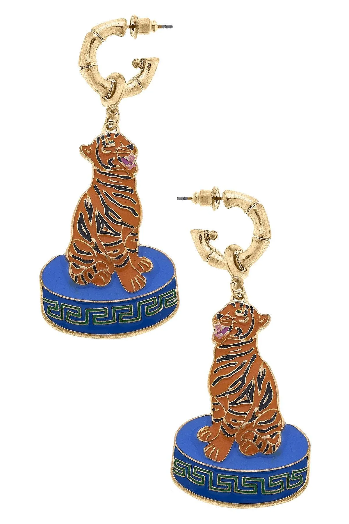 Zion Enamel Tiger Earrings in Orange & Blue sold by Canvas Style