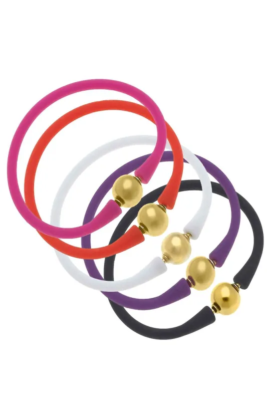 Bali 24K Gold Silicone Bracelet Stack of 5 in Magenta, Orange, White, Purple & Black sold by Canvas Style