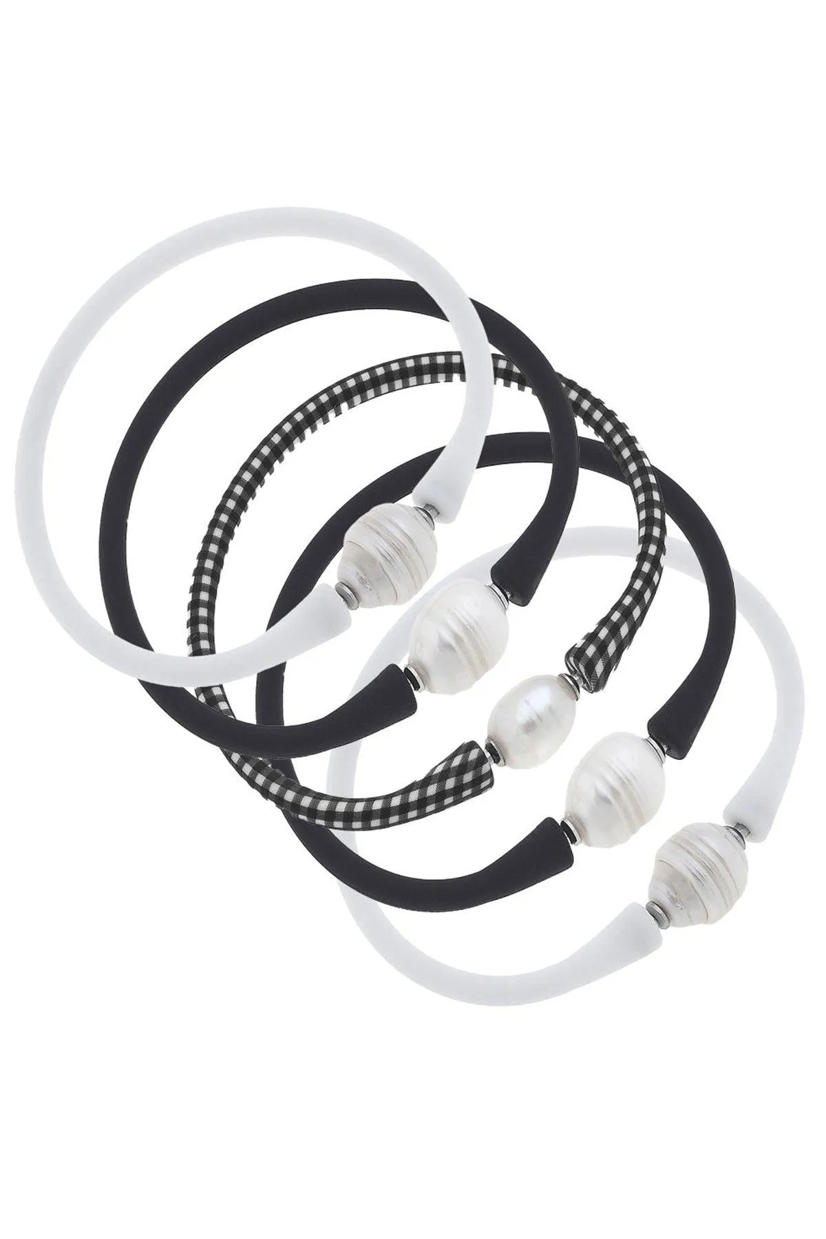 Bali Freshwater Pearl Silicone Bracelet Stack of 5 in White, Black & Black Gingham sold by Canvas Style