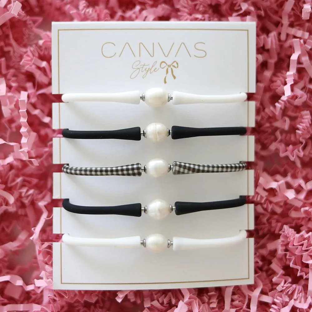 Bali Freshwater Pearl Silicone Bracelet Stack of 5 in White, Black & Black Gingham sold by Canvas Style product image thumbnail 2
