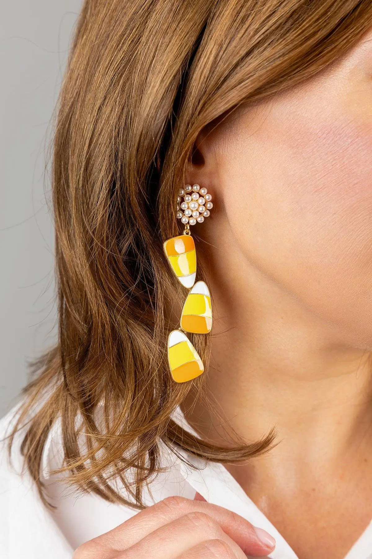 Halloween Enamel Linked Candy Corn Earrings in Orange/Yellow/White sold by Canvas Style product image thumbnail 2