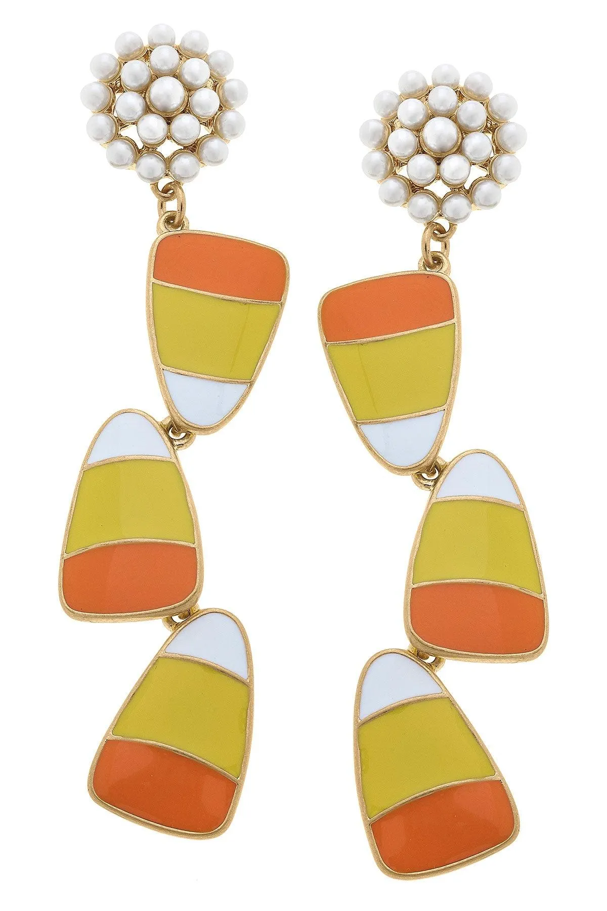 Halloween Enamel Linked Candy Corn Earrings in Orange/Yellow/White sold by Canvas Style