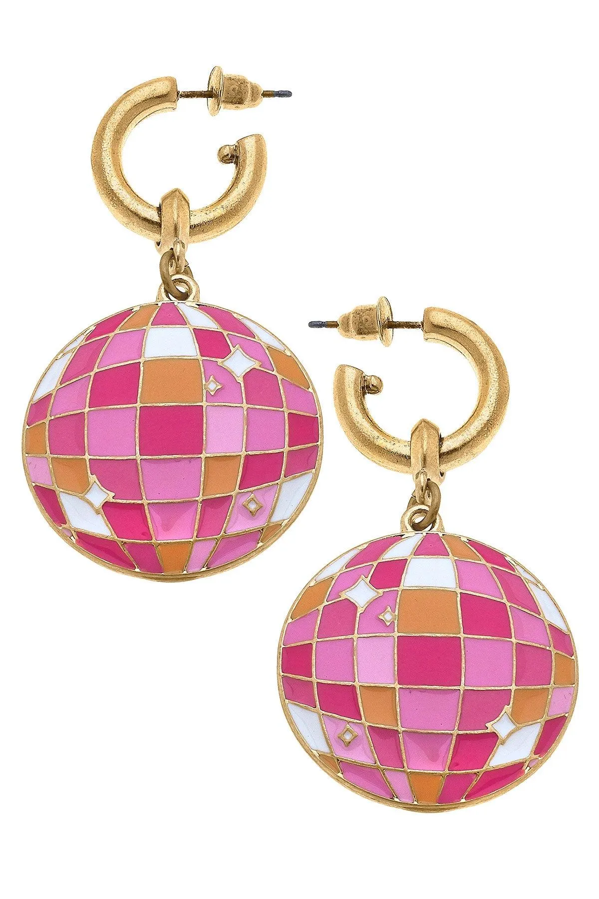 Rodeo Disco Ball Enamel Drop Hoop Earrings sold by Canvas Style