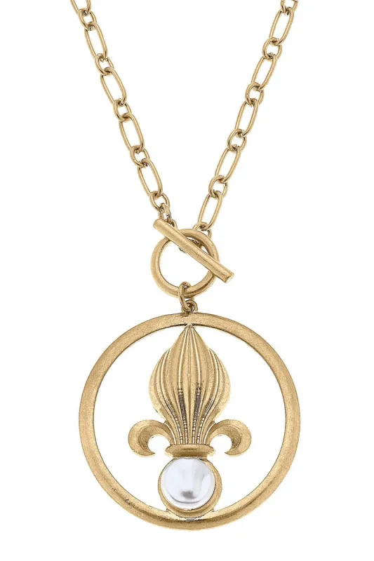 Acadia Fleur de Lis & Pearl Pendant T-Bar Necklace in Worn Gold sold by Canvas Style