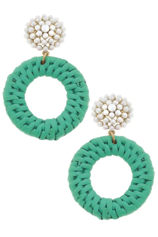 Elena Circle Wicker Pearl Drop Earring in Green sold by Canvas Style
