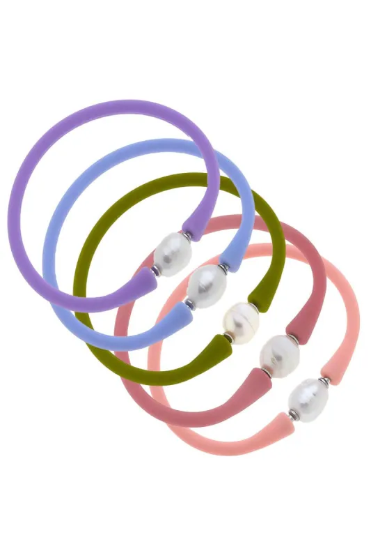 Bali Freshwater Pearl Silicone Bracelet Stack of 5 in Lavender, Lilac, Peridot, Pink & Light Pink sold by Canvas Style