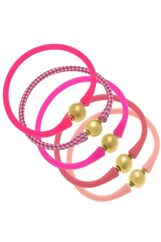 Bali 24K Gold Silicone Bracelet Stack of 5 in Neon Pink, Pink Gingham, Fuchsia, Pink & Light Pink - FINAL SALE sold by Canvas Style