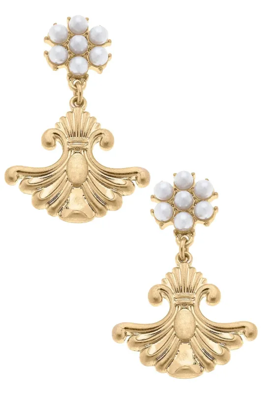 Gabrielle Fleur de Lis & Pearl-Studded Drop Earrings in Worn Gold sold by Canvas Style