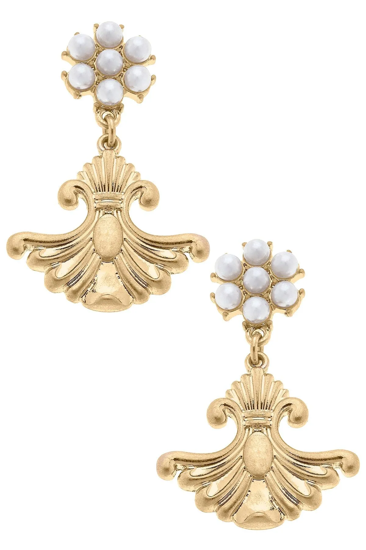 Gabrielle Fleur de Lis & Pearl-Studded Drop Earrings in Worn Gold sold by Canvas Style