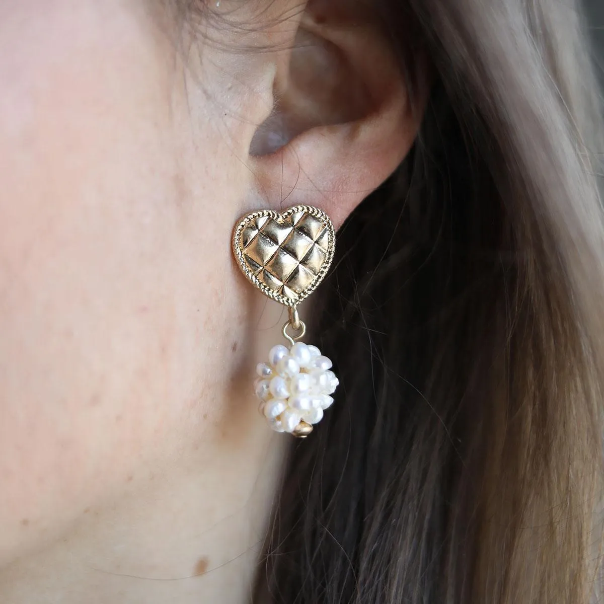 Lucinda Pearl Cluster & Quilted Metal Heart Drop Earrings in Worn Gold sold by Canvas Style product image thumbnail 2