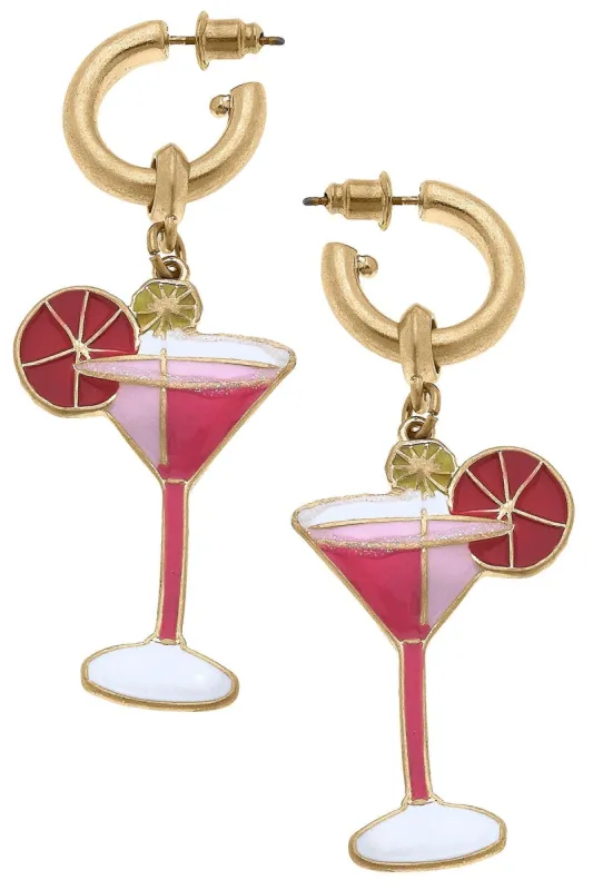 Cosmo Cocktail Enamel Drop Hoop Earrings in Pink sold by Canvas Style