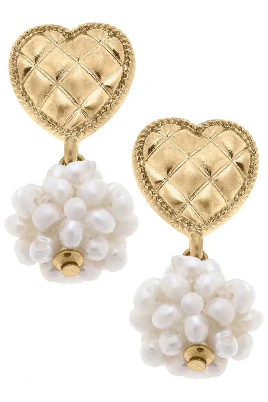 Lucinda Pearl Cluster & Quilted Metal Heart Drop Earrings in Worn Gold sold by Canvas Style