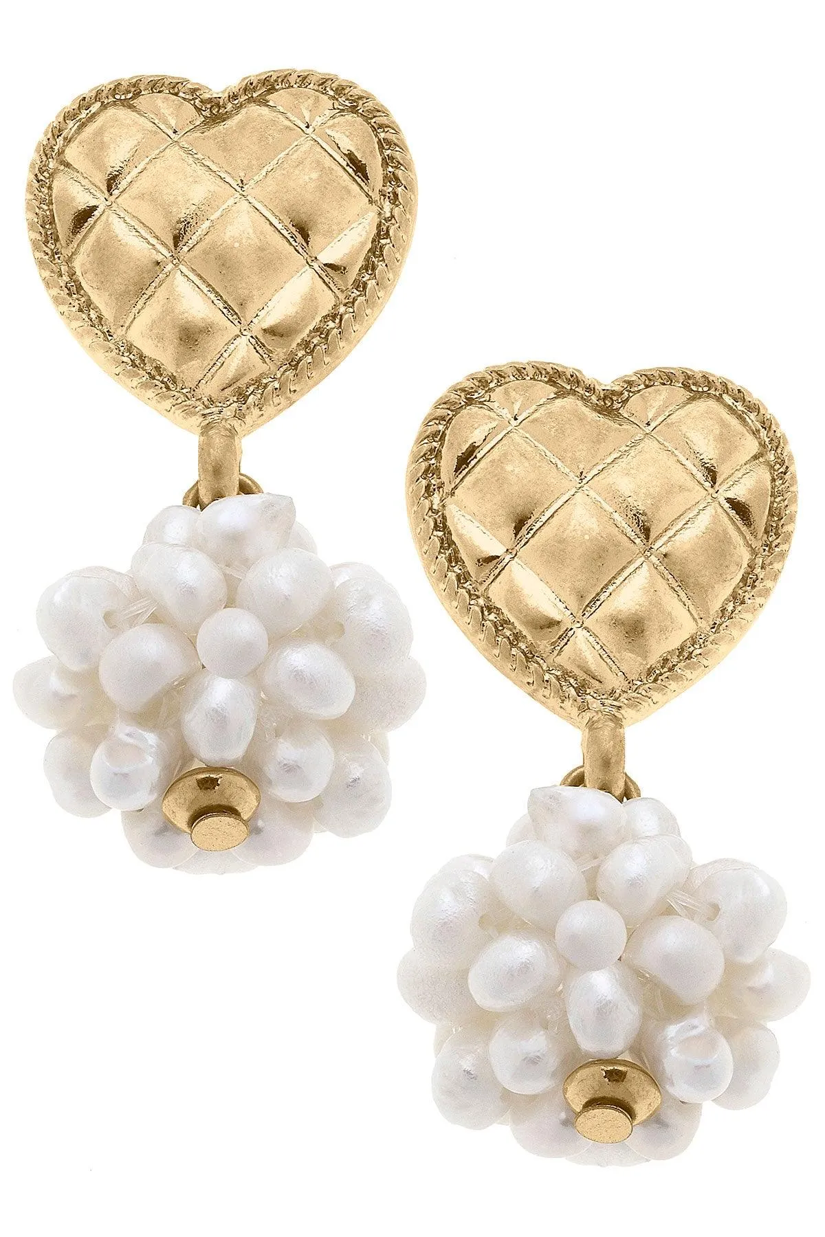 Lucinda Pearl Cluster & Quilted Metal Heart Drop Earrings in Worn Gold sold by Canvas Style