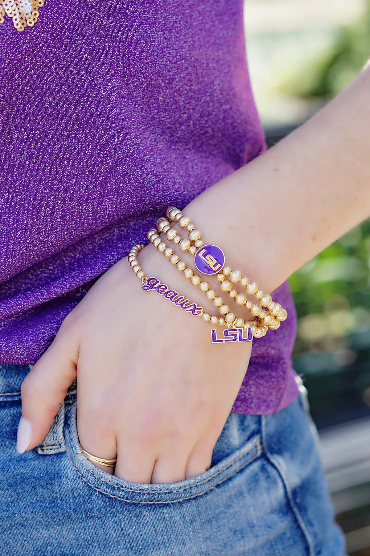 LSU Tigers 2-Row Ball Bead Stretch Bracelet sold by Canvas Style product image thumbnail 2