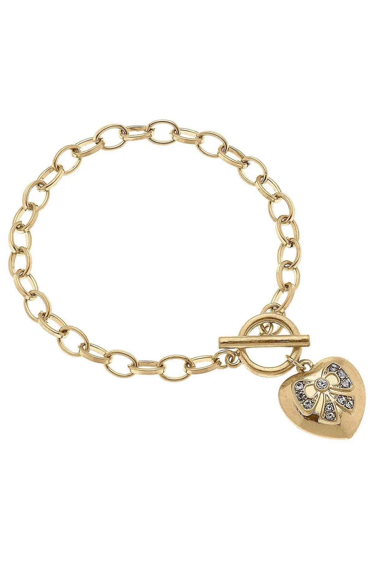 Rylan Pavé Bow Heart Charm T-Bar Bracelet in Worn Gold sold by Canvas Style