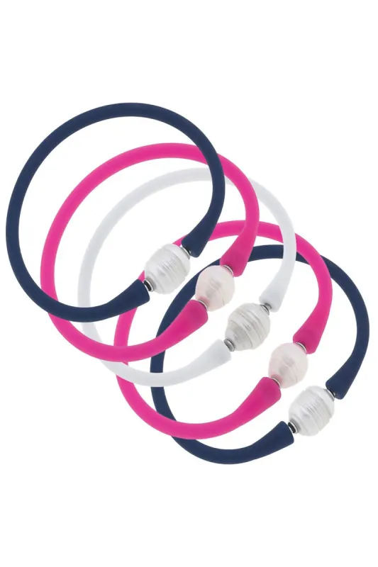 Bali Freshwater Pearl Silicone Bracelet Stack of 5 in Navy, Fuchsia & White sold by Canvas Style