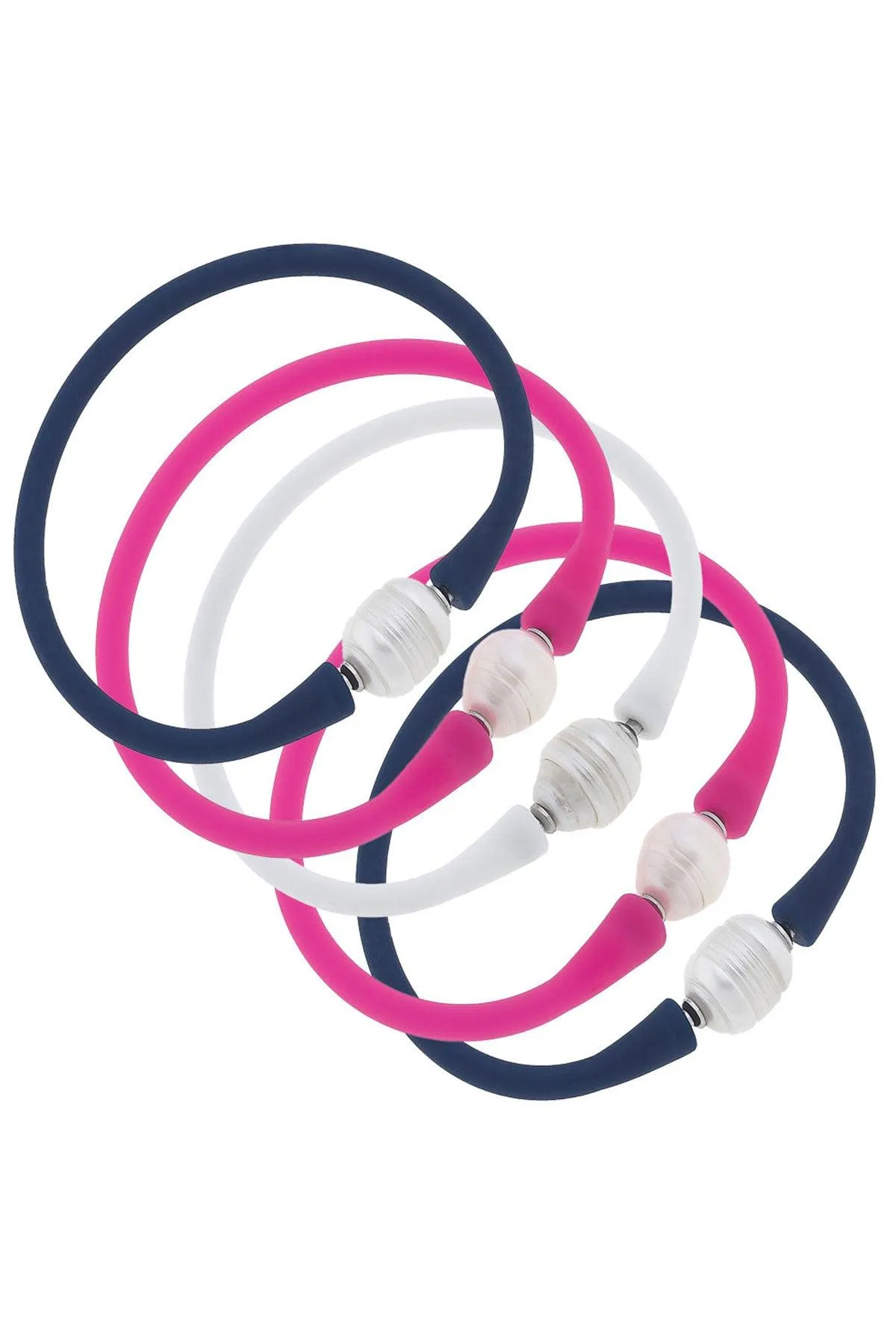 Bali Freshwater Pearl Silicone Bracelet Stack of 5 in Navy, Fuchsia & White sold by Canvas Style