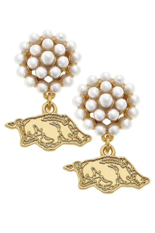Arkansas Razorbacks Pearl Cluster 24K Gold Plated Logo Earrings sold by Canvas Style