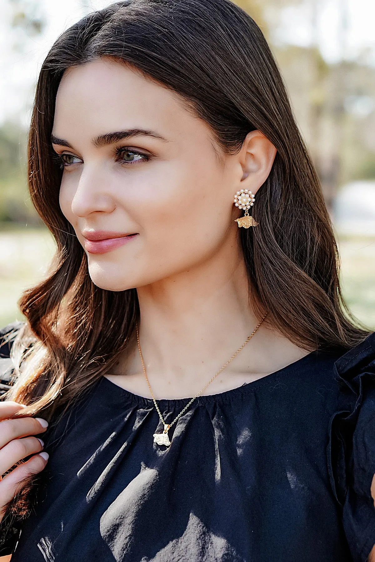 Arkansas Razorbacks Pearl Cluster 24K Gold Plated Logo Earrings sold by Canvas Style product image thumbnail 2