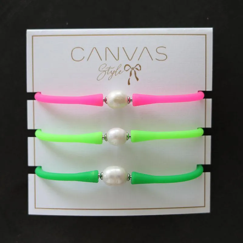 Bali Freshwater Pearl Silicone Bracelet Stack of 3 in Neon Pink, Neon Green & Green sold by Canvas Style product image thumbnail 2