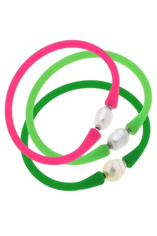 Bali Freshwater Pearl Silicone Bracelet Stack of 3 in Neon Pink, Neon Green & Green sold by Canvas Style