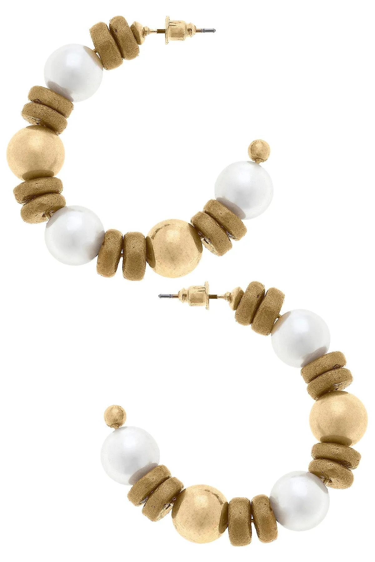 Sheridan Pearl, Wood & Gold Bead Hoop Earrings in Ivory - FINAL SALE sold by Canvas Style