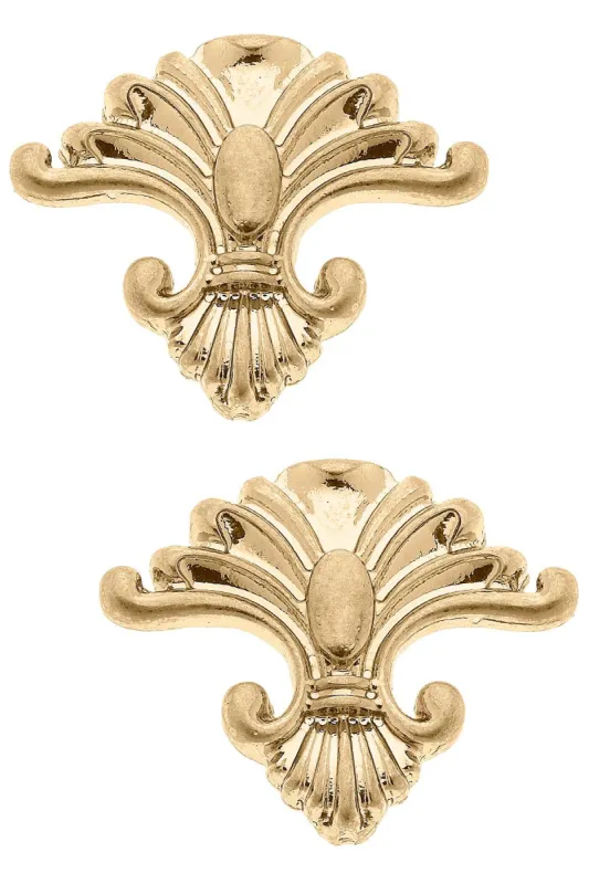Marie Fleur de Lis Stud Earrings in Worn Gold sold by Canvas Style