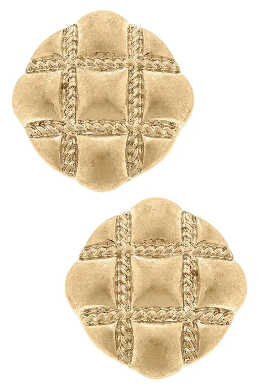 Sunnie Quilted Metal Statement Stud Earrings in Worn Gold sold by Canvas Style