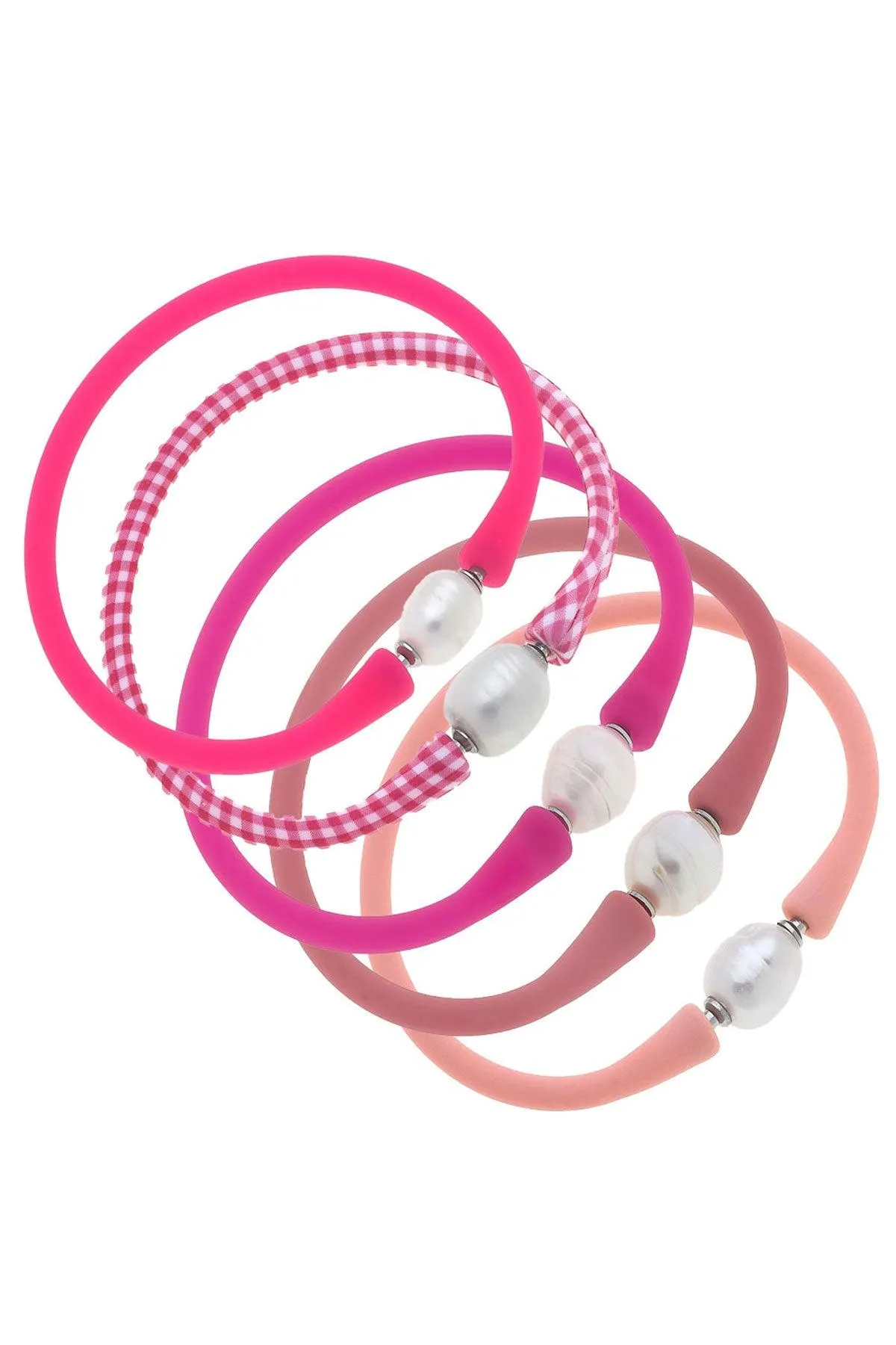Bali Freshwater Pearl Silicone Bracelet Stack of 5 in Neon Pink, Pink Gingham, Fuchsia, Pink & Light Pink sold by Canvas Style
