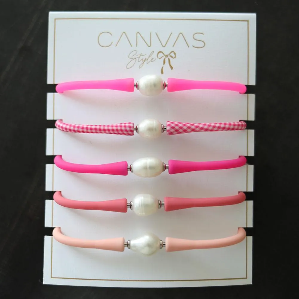 Bali Freshwater Pearl Silicone Bracelet Stack of 5 in Neon Pink, Pink Gingham, Fuchsia, Pink & Light Pink sold by Canvas Style product image thumbnail 2