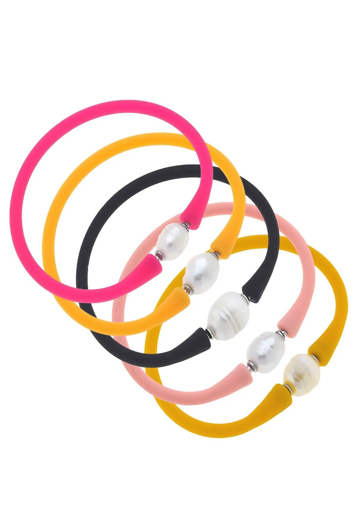Bali Freshwater Pearl Silicone Bracelet Stack of 5 in Neon Pink, Neon Orange, Black, Light Pink & Cantaloupe sold by Canvas Style