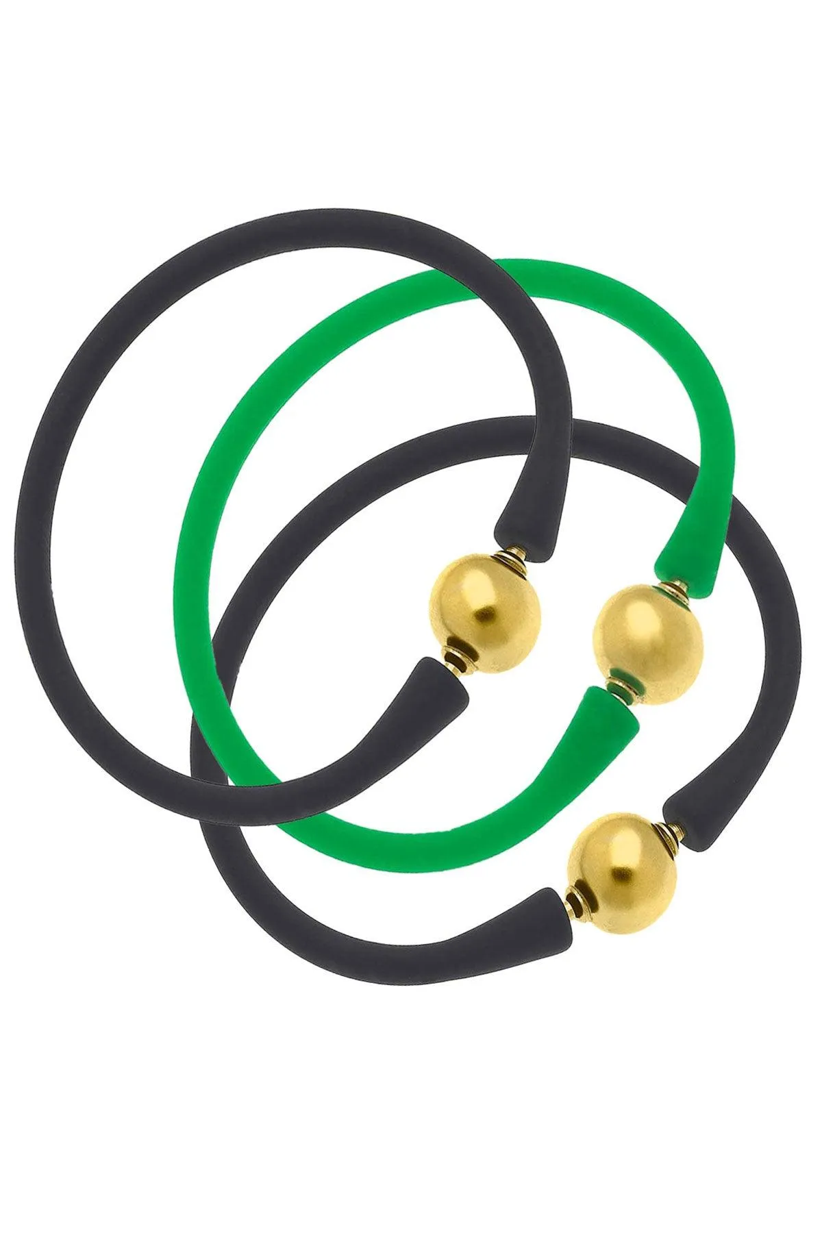 Bali 24K Gold Silicone Bracelet Stack of 3 in Black & Green sold by Canvas Style