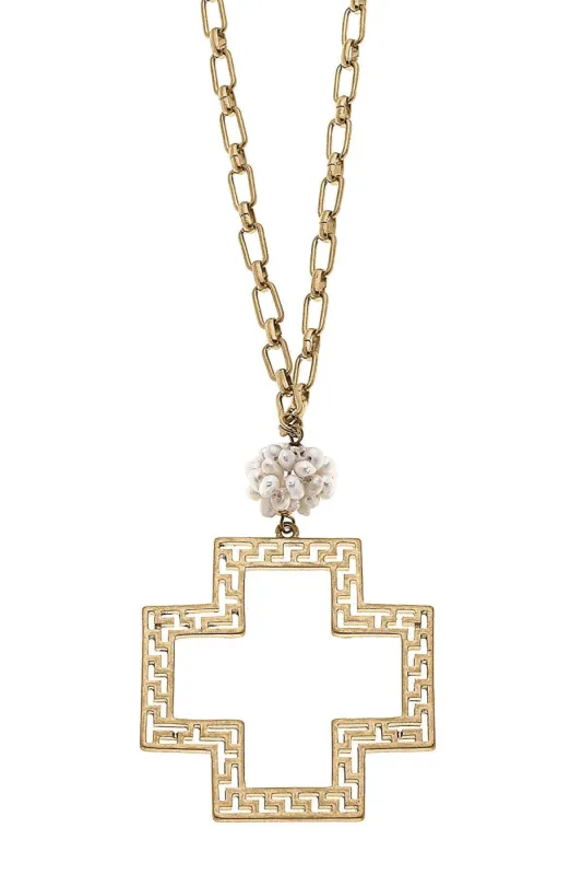 Elysa Greek Keys Cross Pendant & Pearl Cluster Necklace in Worn Gold sold by Canvas Style