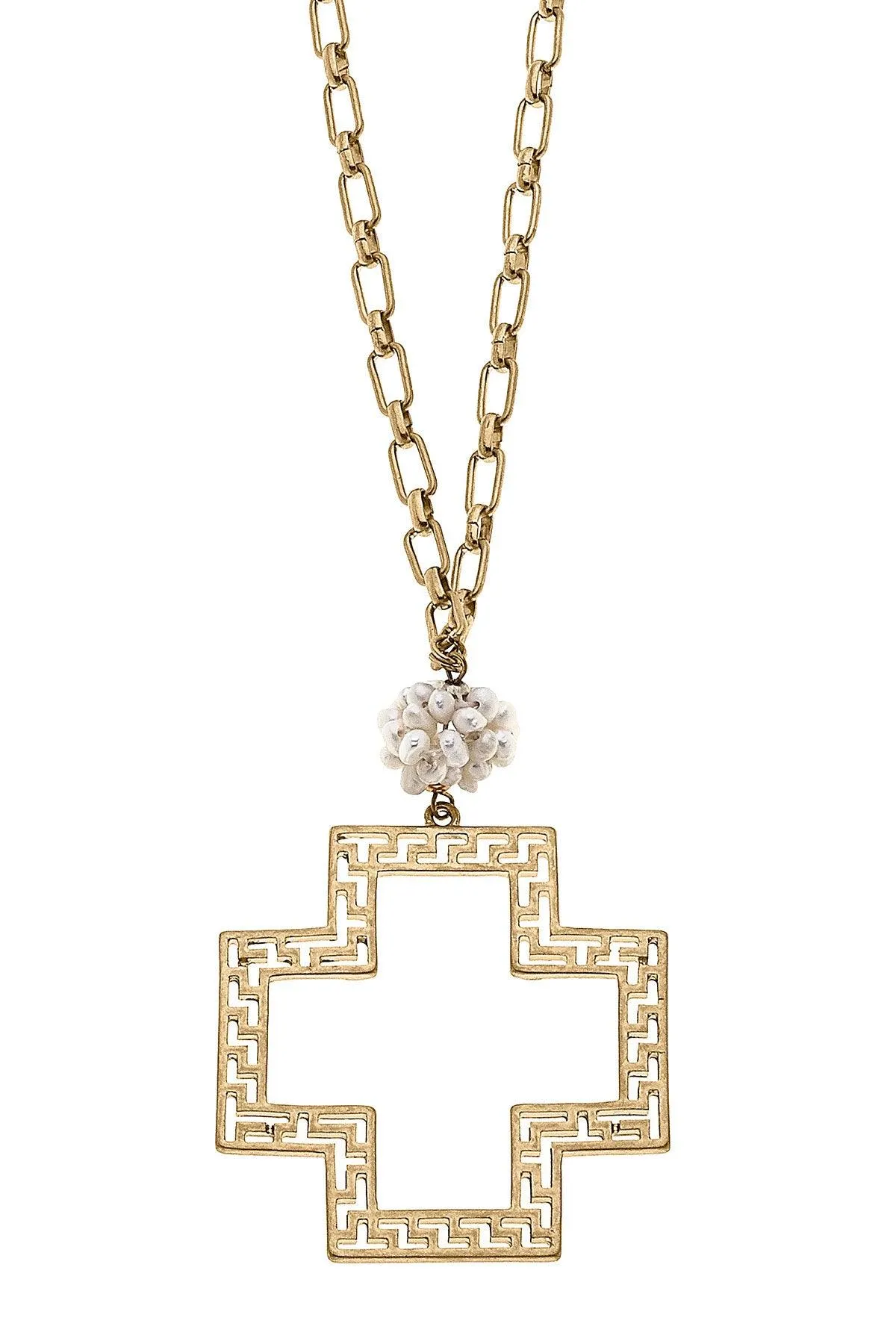 Elysa Greek Keys Cross Pendant & Pearl Cluster Necklace in Worn Gold sold by Canvas Style