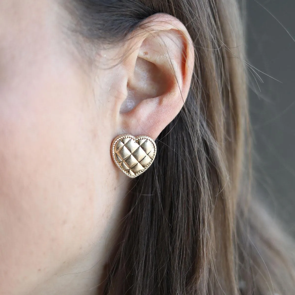 Connell Quilted Metal Heart Stud Earrings in Worn Gold sold by Canvas Style product image thumbnail 2