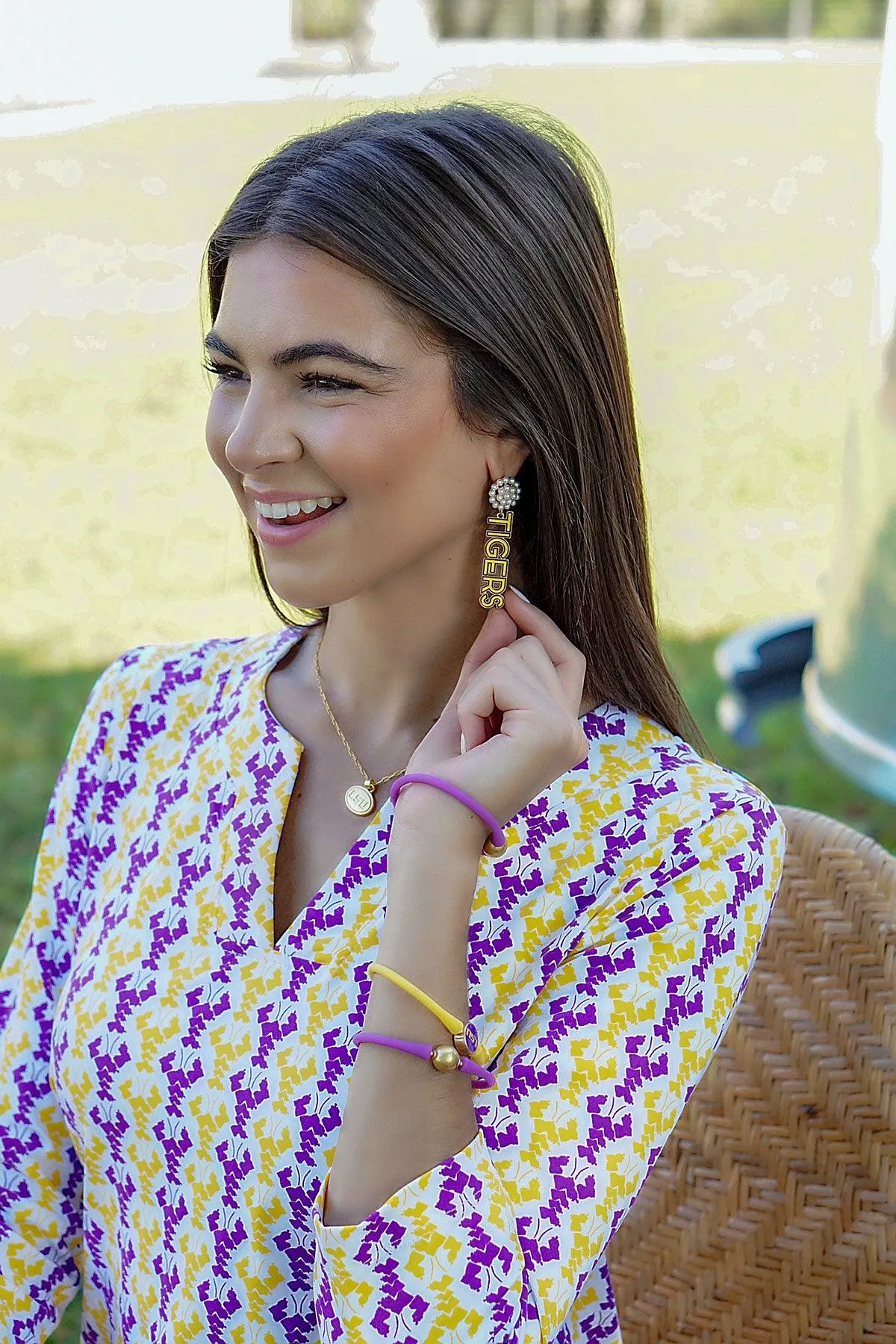 LSU Tigers Pearl Cluster Outline Enamel Drop Earrings sold by Canvas Style product image thumbnail 3