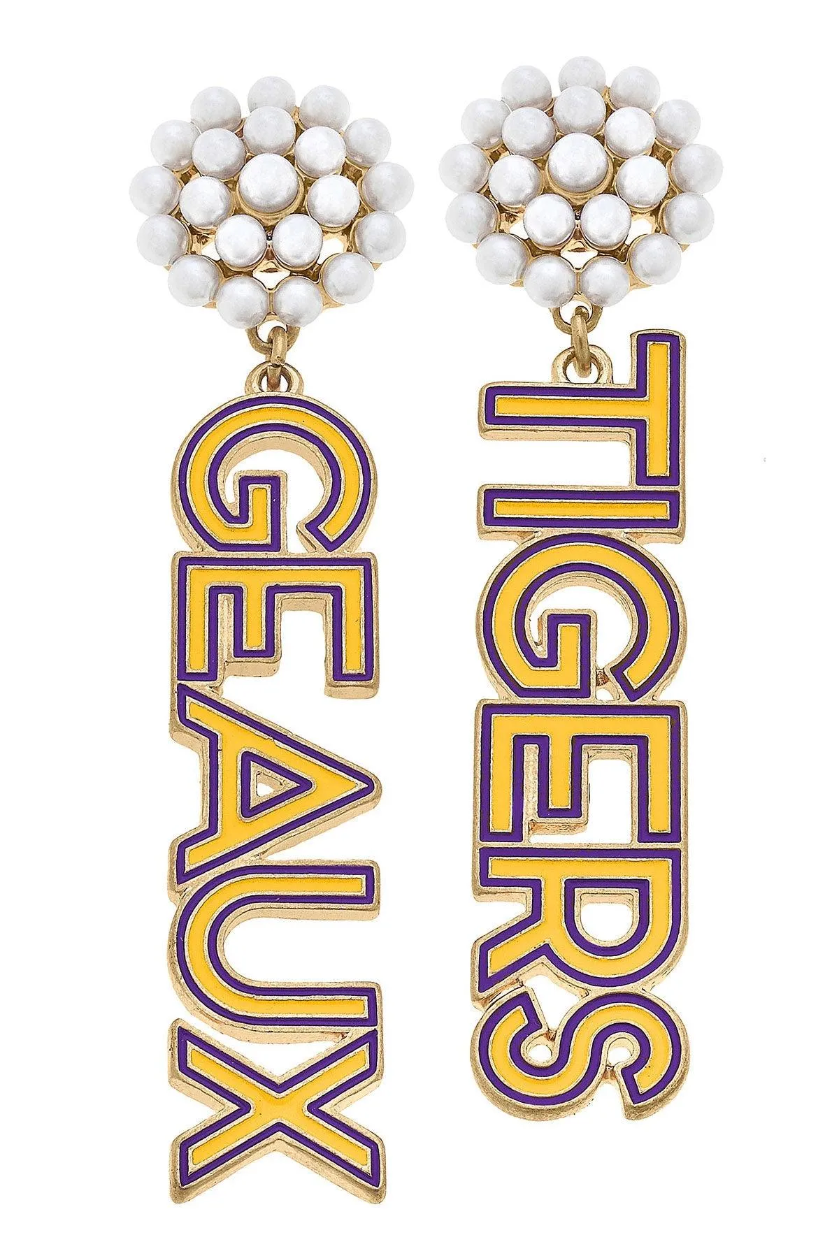 LSU Tigers Pearl Cluster Outline Enamel Drop Earrings sold by Canvas Style