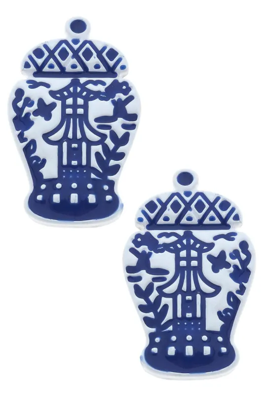 Aubree Enamel Pagoda Ginger Jar Stud Earrings in Blue & White sold by Canvas Style