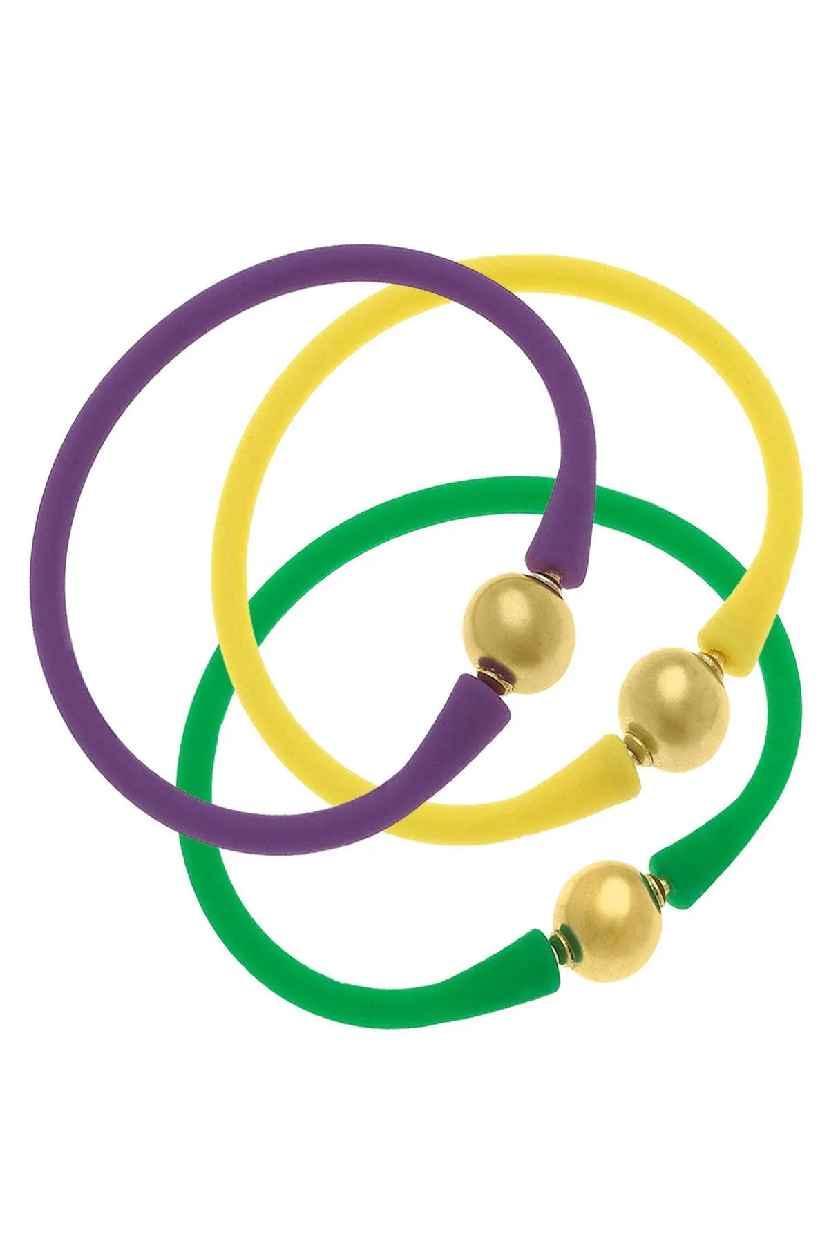 Bali 24K Gold Silicone Bracelet Mardi Gras Stack of 3 in Purple, Green & Yellow sold by Canvas Style