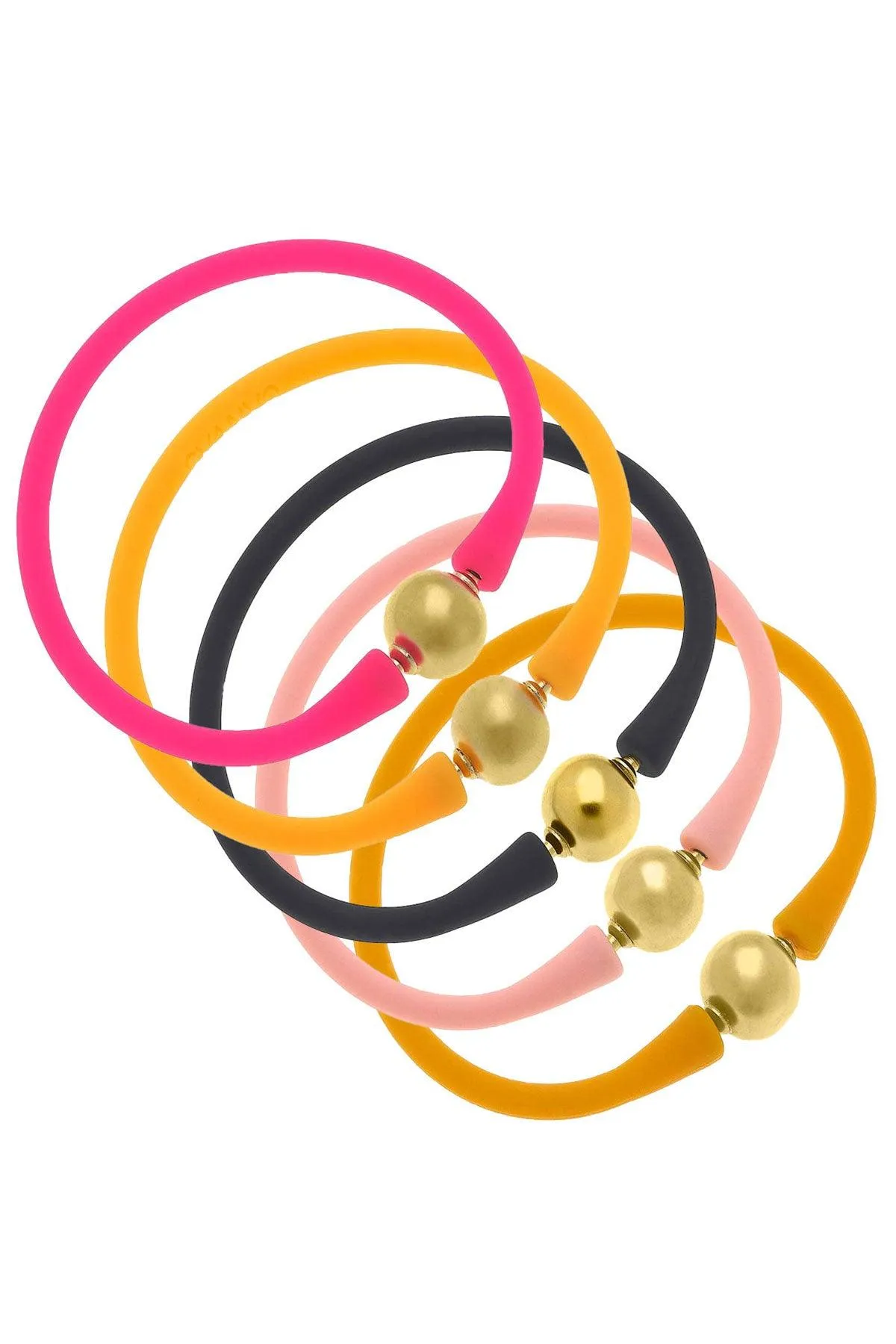 Bali 24K Gold Silicone Bracelet Stack of 5 in Neon Pink, Neon Orange, Black, Light Pink & Cantaloupe sold by Canvas Style