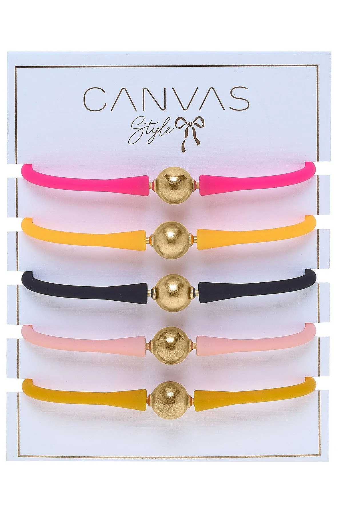 Bali 24K Gold Silicone Bracelet Stack of 5 in Neon Pink, Neon Orange, Black, Light Pink & Cantaloupe sold by Canvas Style product image thumbnail 2