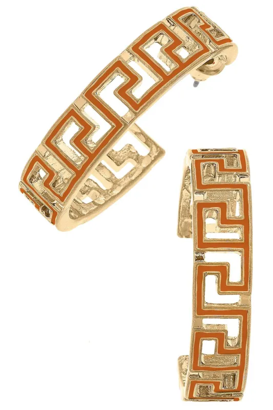 Ryan Game Day Greek Keys Enamel Hoop Earrings in Burnt Orange sold by Canvas Style